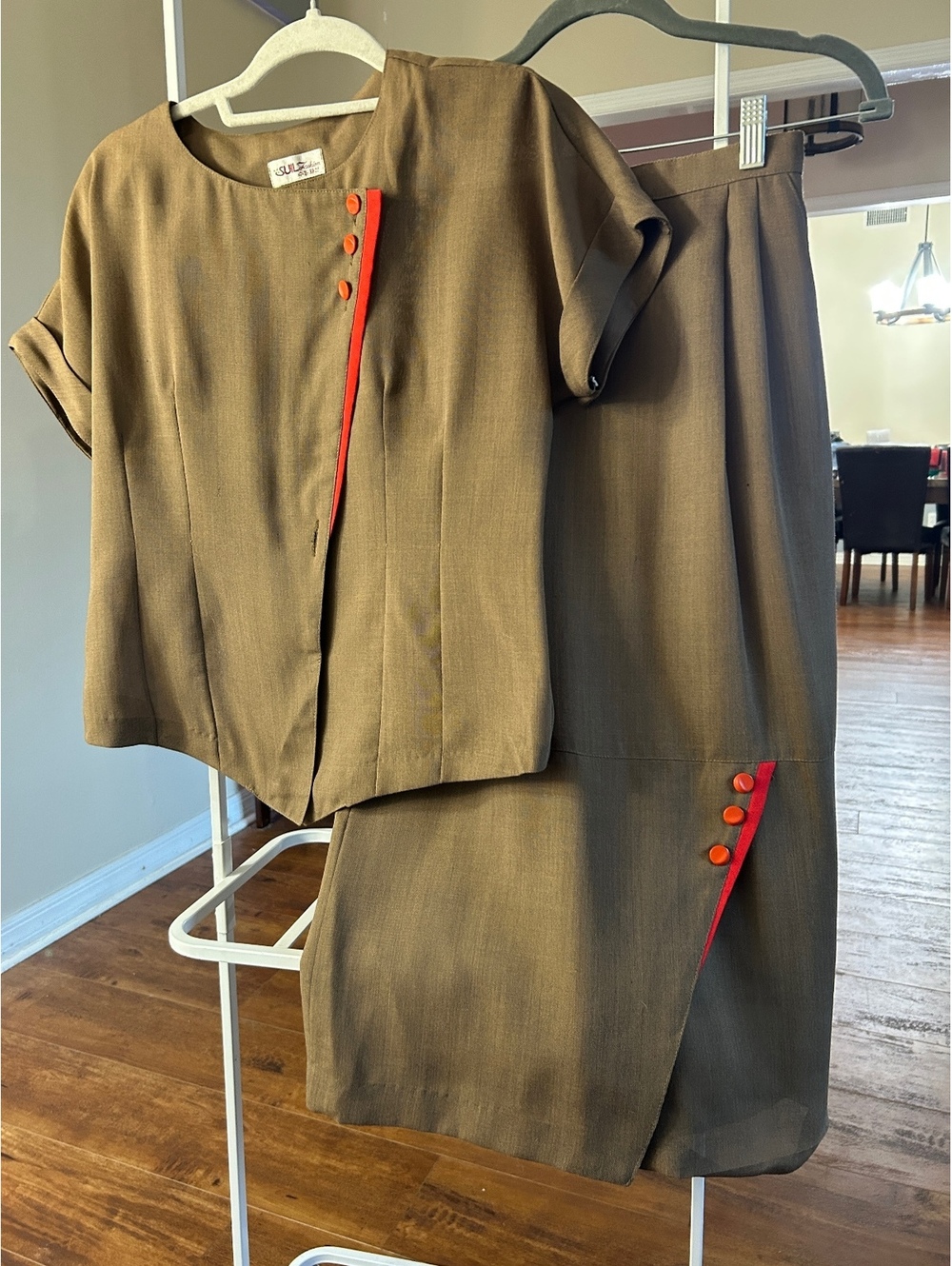 Korean Suil  Vintage Brown Two-Piece Skirt and Top Set with Orange Button Detail